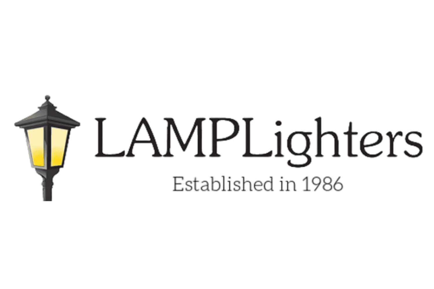 Logo of LAMPLighters with lamp illustration, established in 1986.