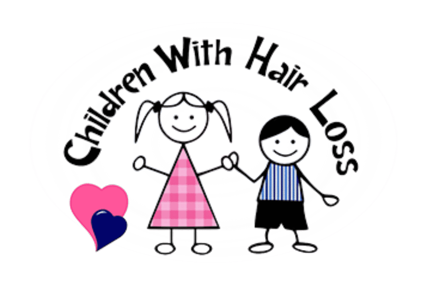 Children With Hair Loss logo: cartoon kids holding hands, heart symbols below.